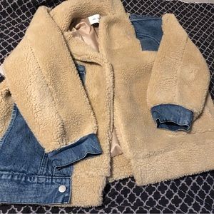 MaCherie Womens Brown Fuzzy Blue Denim Open Jacket Sz Medium MJK1128.